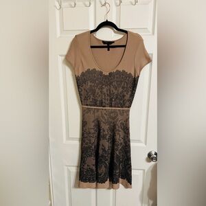 BCBGMaxAzria Tan Dress with Black Lace Overlay